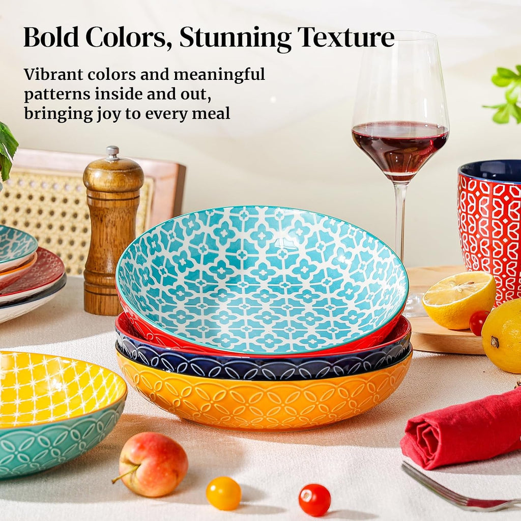 DOWAN 8.5" Vibrant Pasta  Salad & Soup Serving Bowls Set of 4  Embossed Large Porcelain Ceramic  Microwave  Oven & Dishwasher Safe  Bonita Design Perfect for Daily Dining  Family Gatherings  Party